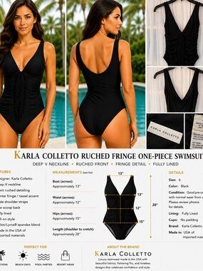 Karla Colletto Black Ruched Fringe One Piece Swimsuit Size 6 Deep V Designer